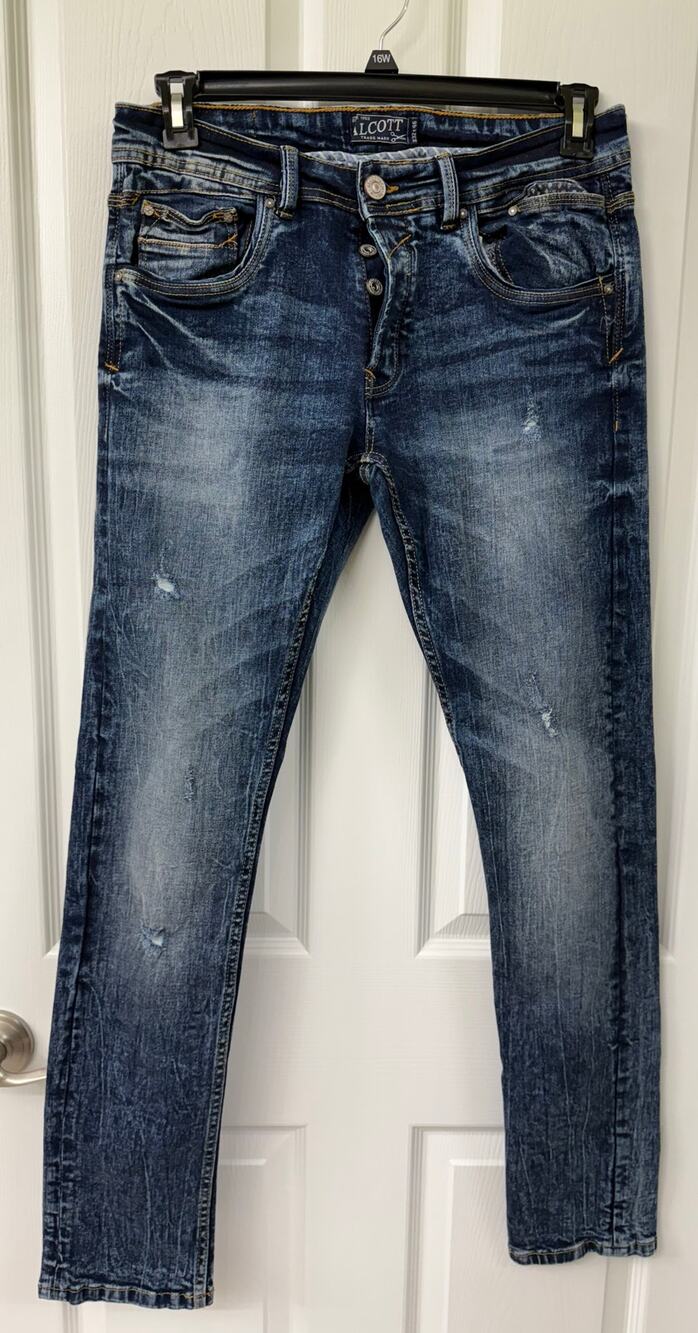 Alcott Men's distressed stone wash blue denim buttonfly jeans